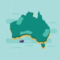 3d vector map of Australia with name and flag of country on light green background and dash.