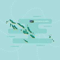 3d vector map of Solomon Islands with name and flag of country on light green background and dash.