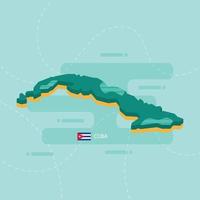 3d vector map of Cuba with name and flag of country on light green background and dash.