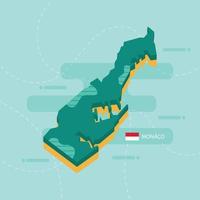 3d vector map of Monaco with name and flag of country on light green background and dash.