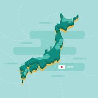 3d vector map of Japan with name and flag of country on light green background and dash.