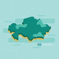 3d vector map of Kazakhstan with name and flag of country on light green background and dash.