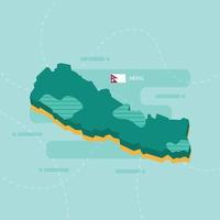 3d vector map of Nepal with name and flag of country on light green background and dash.