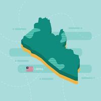 3d vector map of Liberia with name and flag of country on light green background and dash.