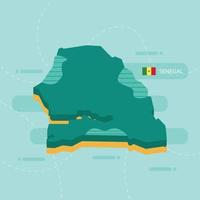 Mapa vectorial 3d de senegal con nombre y bandera del país sobre fondo verde claro y guion. vector