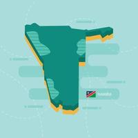 3d vector map of Namibia with name and flag of country on light green background and dash.