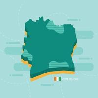 3d vector map of Cote d'Ivoire with name and flag of country on light green background and dash.