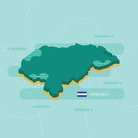 3d vector map of Honduras with name and flag of country on light green background and dash.