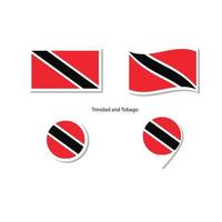 conjunto de iconos del logotipo de la bandera de trinidad y tobago, iconos planos rectangulares, forma circular, marcador con banderas. vector