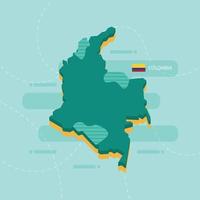 3d vector map of Colombia with name and flag of country on light green background and dash.