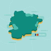 3d vector map of Andorra with name and flag of country on light green background and dash.