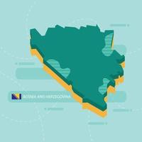 Mapa vectorial 3d de bosnia y herzegovina con nombre y bandera del país sobre fondo verde claro y guion. vector