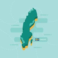 3d vector map of Sweden with name and flag of country on light green background and dash.