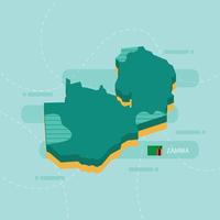 3d vector map of Zambia with name and flag of country on light green background and dash.