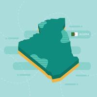 3d vector map of Algeria with name and flag of country on light green background and dash.