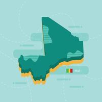 3d vector map of Mali with name and flag of country on light green background and dash.