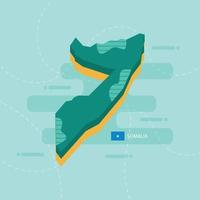 3d vector map of Somalia with name and flag of country on light green background and dash.