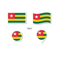 conjunto de iconos del logotipo de la bandera togo, iconos planos rectangulares, forma circular, marcador con banderas. vector