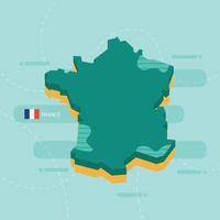 3d vector map of France with name and flag of country on light green background and dash.