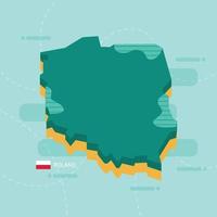 3d vector map of Poland with name and flag of country on light green background and dash.