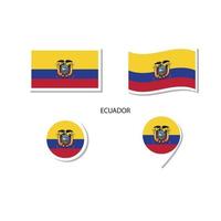 conjunto de iconos del logotipo de la bandera de ecuador, iconos planos rectangulares, forma circular, marcador con banderas. vector