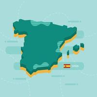 Mapa vectorial 3D de España con nombre y bandera del país sobre fondo verde claro y guión. vector