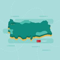3d vector map of Turkey with name and flag of country on light green background and dash.