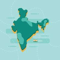 3d vector map of India with name and flag of country on light green background and dash.