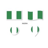 conjunto de iconos del logotipo de la bandera de nigeria, iconos planos rectangulares, forma circular, marcador con banderas. vector