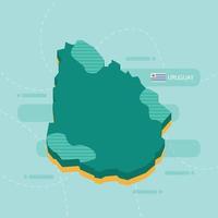 3d vector map of Uruguay with name and flag of country on light green background and dash.