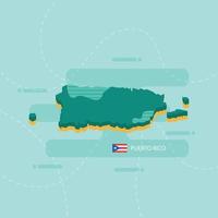 Mapa vectorial 3d de puerto rico con nombre y bandera del país sobre fondo verde claro y guion. vector