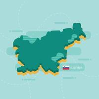 3d vector map of Slovenia with name and flag of country on light green background and dash.