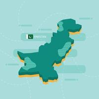 3d vector map of Pakistan with name and flag of country on light green background and dash.