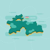 3d vector map of Tajikistan with name and flag of country on light green background and dash.