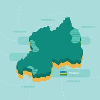 3d vector map of Rwanda with name and flag of country on light green background and dash.