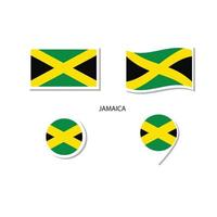 conjunto de iconos del logotipo de la bandera de jamaica, iconos planos rectangulares, forma circular, marcador con banderas. vector