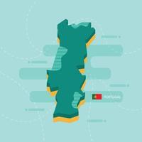 3d vector map of Portugal with name and flag of country on light green background and dash.