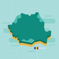 3d vector map of Romania with name and flag of country on light green background and dash.