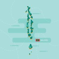 3d vector map of Maldives with name and flag of country on light green background and dash.