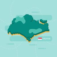 3d vector map of Singapore with name and flag of country on light green background and dash.