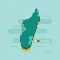 3d vector map of Madagascar with name and flag of country on light green background and dash.