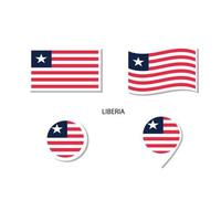 juego de iconos con el logotipo de la bandera de liberia, iconos planos rectangulares, forma circular, marcador con banderas. vector