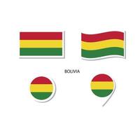 conjunto de iconos con el logotipo de la bandera de bolivia, iconos planos rectangulares, forma circular, marcador con banderas. vector