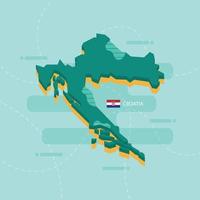 3d vector map of Croatia with name and flag of country on light green background and dash.