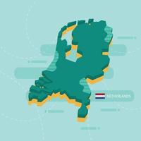 3d vector map of Netherlands with name and flag of country on light green background and dash.