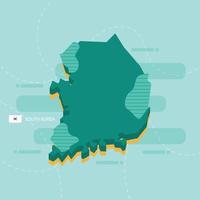 3d vector map of South Korea with name and flag of country on light green background and dash.