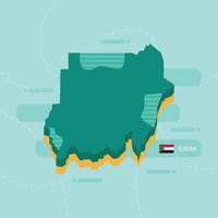 3d vector map of Sudan with name and flag of country on light green background and dash.