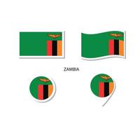 conjunto de iconos del logotipo de la bandera de zambia, iconos planos rectangulares, forma circular, marcador con banderas. vector