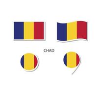 conjunto de iconos del logotipo de la bandera de chad, iconos planos rectangulares, forma circular, marcador con banderas. vector