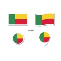 conjunto de iconos del logotipo de la bandera de benin, iconos planos rectangulares, forma circular, marcador con banderas. vector